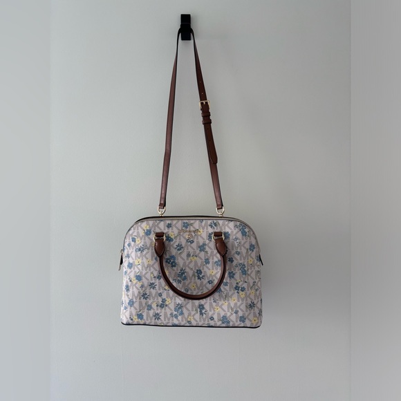 Michael Kors Cindy Vanilla Dome Satchel Purse Floral Print Blue Yellow Leather - Picture 4 of 17